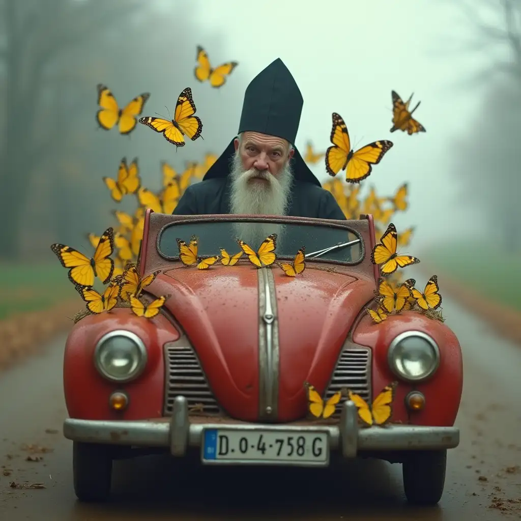 Old-Priest-with-Grey-Beard-Driving-Red-Car-Surrounded-by-Yellow-Butterflies-in-Foggy-Weather