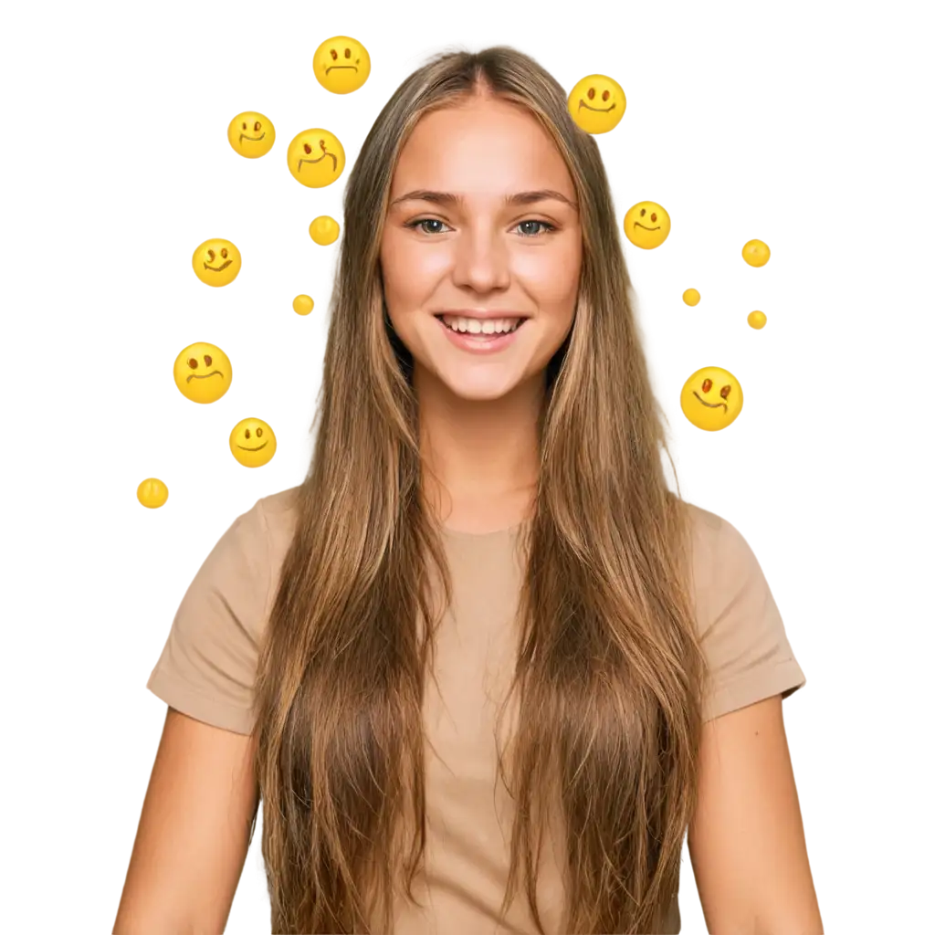 Young-Womans-Face-Surrounded-by-Emoticons-and-Smiley-Faces-in-PNG-Format