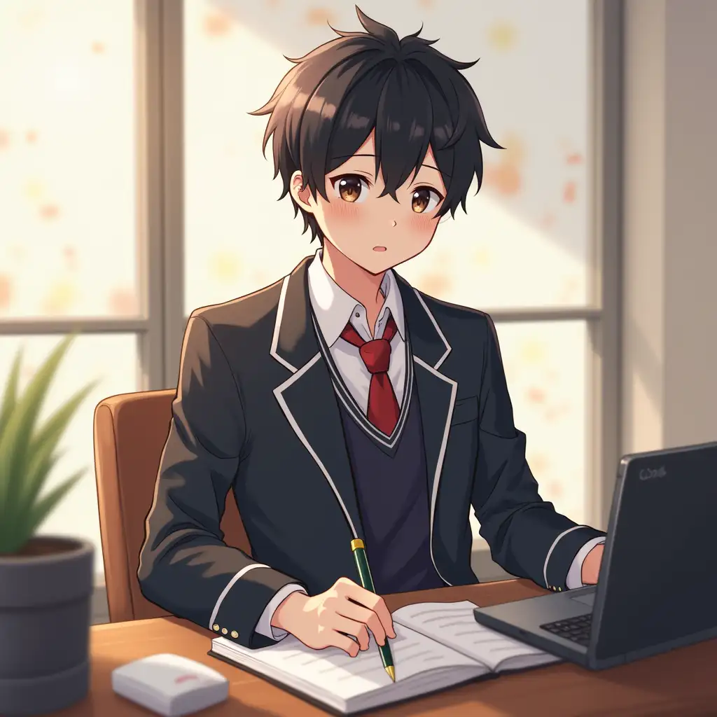 anime boy highschooler wearing Japanese school uniform nice personality studying music