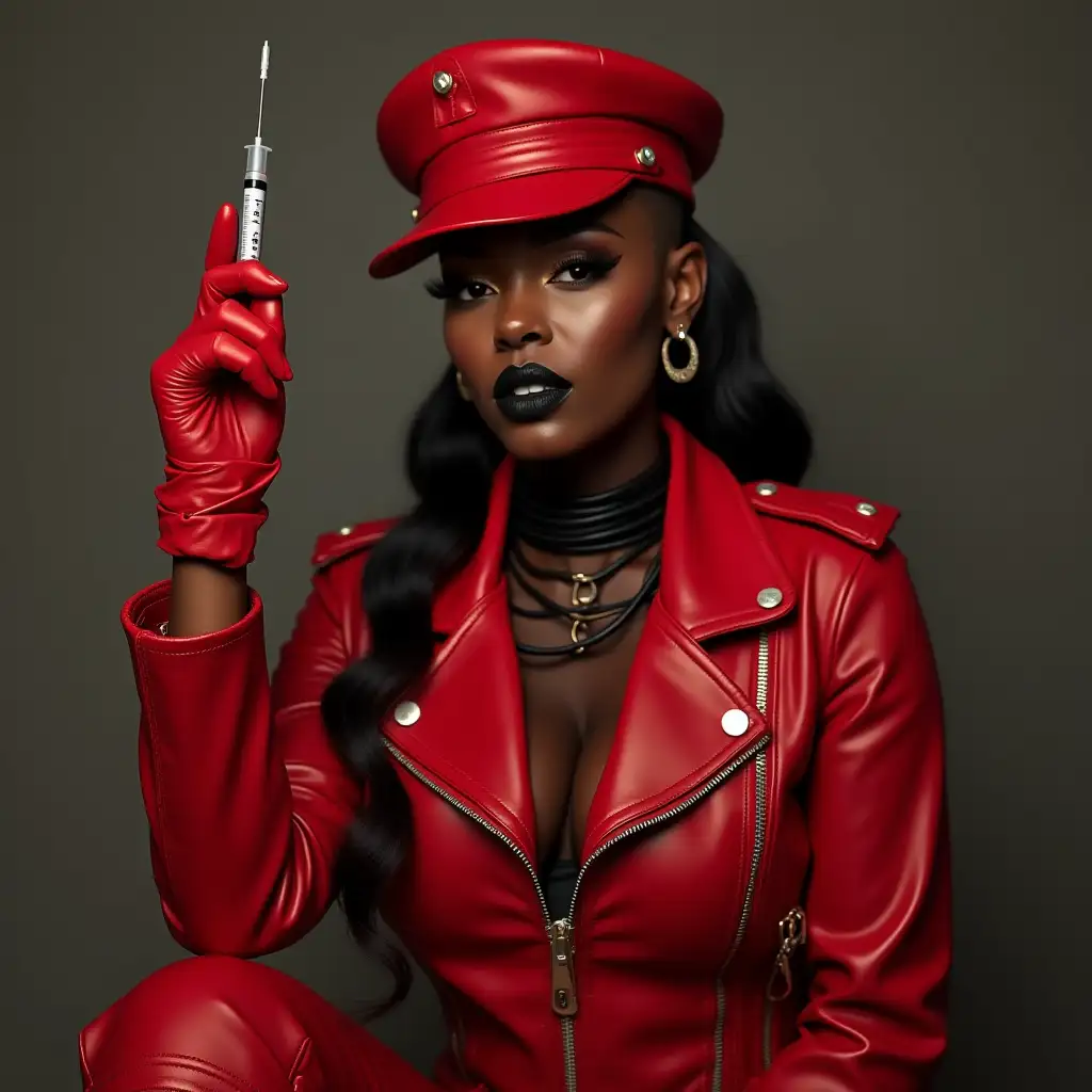 Ebony-Rapper-Lizzo-in-Red-Leather-Biker-Jacket-with-Military-Hat-and-Boots