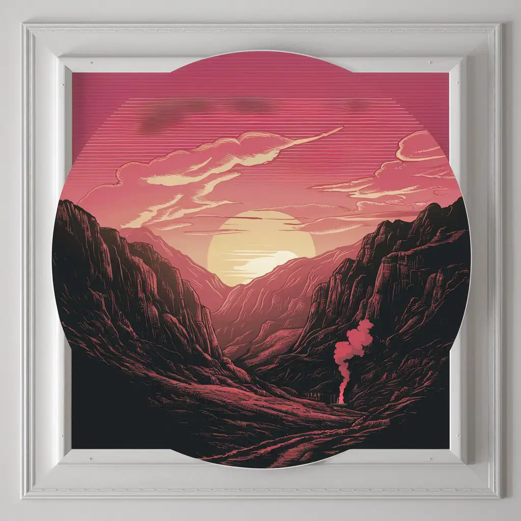 Retro Sunset Mountain Illustration on White Background