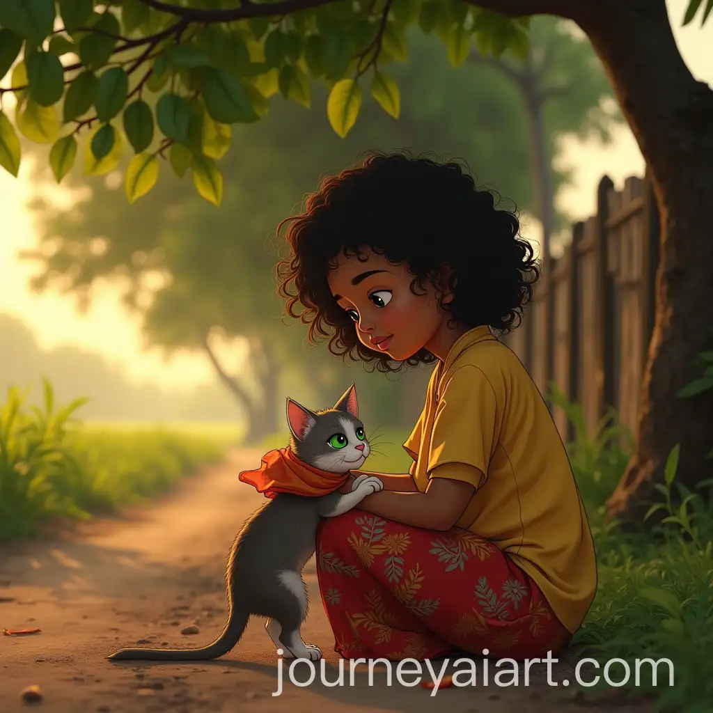 Compassionate-Village-Girl-Caring-for-Injured-Cat-Under-Guava-Tree-at-Golden-Hour