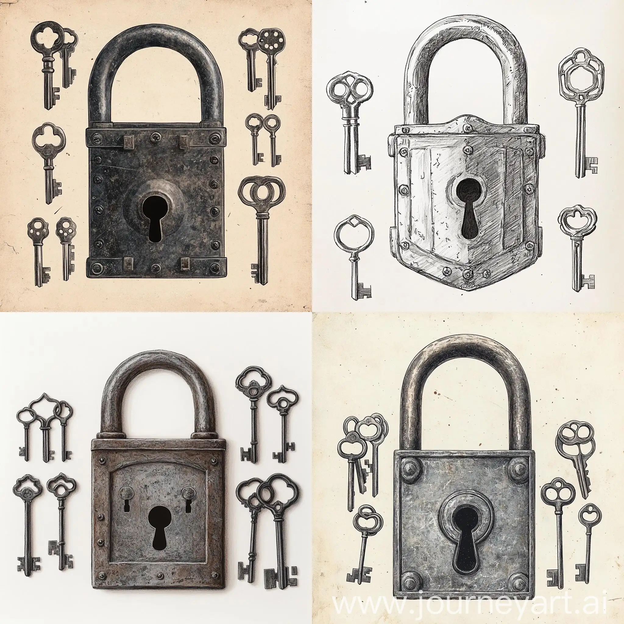 Steel-Barn-Lock-with-Seven-Keys-Front-View-Illustration