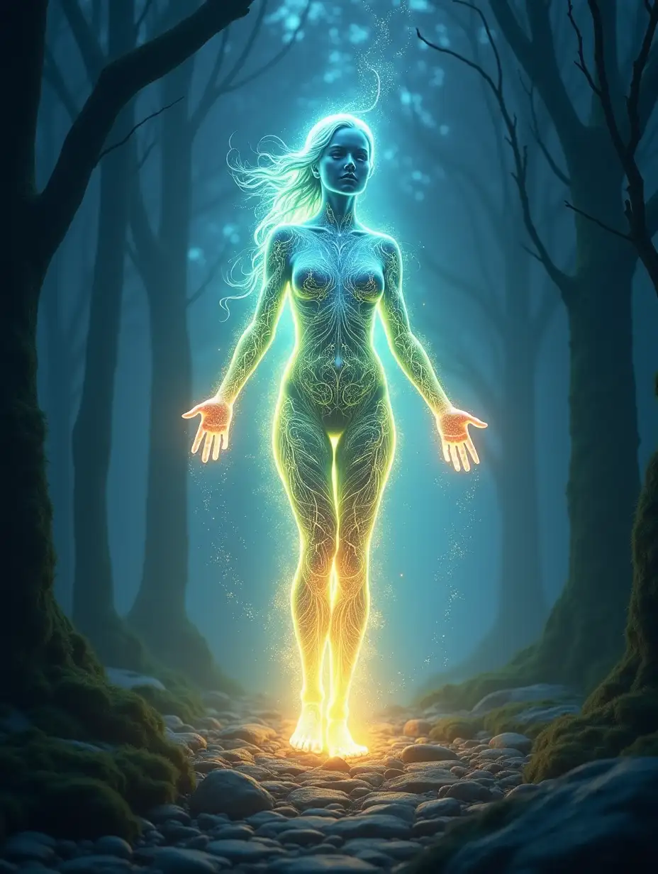 Create a vivid and ethereal image of healing energy. Depict a female figure, the body represented as flowing, luminous energy forms with vibrant, intertwining streams of light radiating from their cores. These streams should shift through hues of blue, green, gold, and white, symbolizing vitality and renewal. Surround them with a light, mysterious setting—a twilight scene bathed in soft silvery hues, with a faint mist drifting through the air. The ground is covered in smooth stones and glowing patches of moss, while delicate, shadowy trees with twisting branches frame the scene. In the background, depict the faint, glowing presence of ancestral souls—ethereal silhouettes with a soft, shimmering glow that blends into the mist. Their forms appear otherworldly and slightly obscured, their expressions calm and supportive, offering quiet guidance. The overall atmosphere should evoke mystery, serenity, and the transformative power of healing energy.