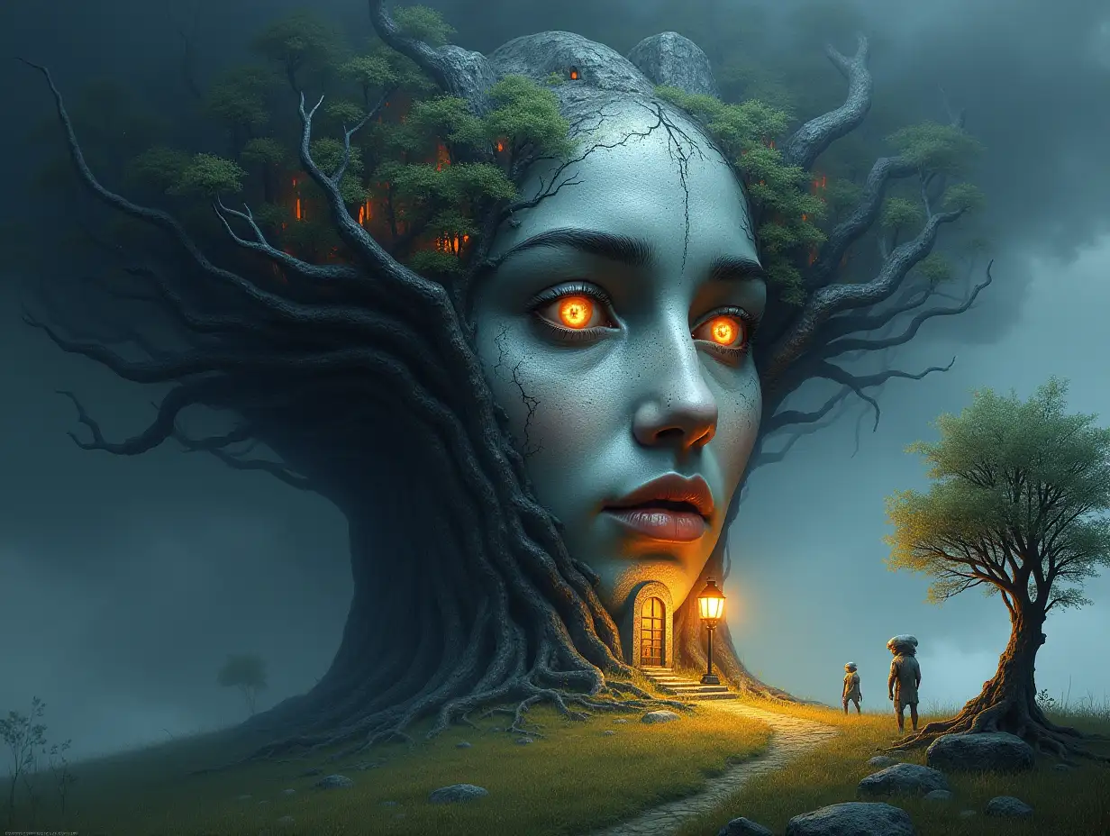 Creating a digital painting of a face with hair transforming into a building with silver stone and illuminated trees with roots and lantern and alien creatures on a meadow