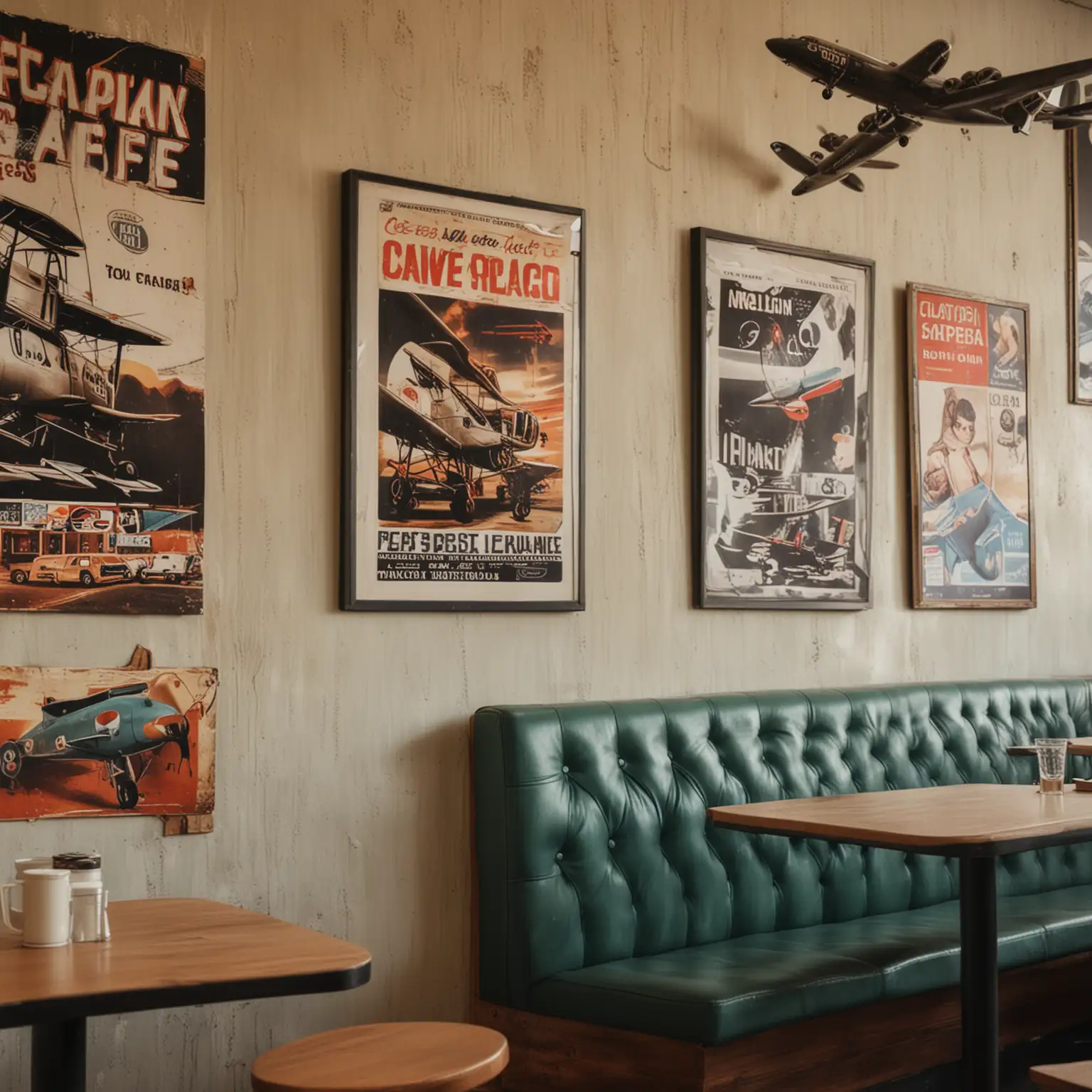 plane wall of a cafe with modern decor, closeup shot, some filmy posters in the backgrounds