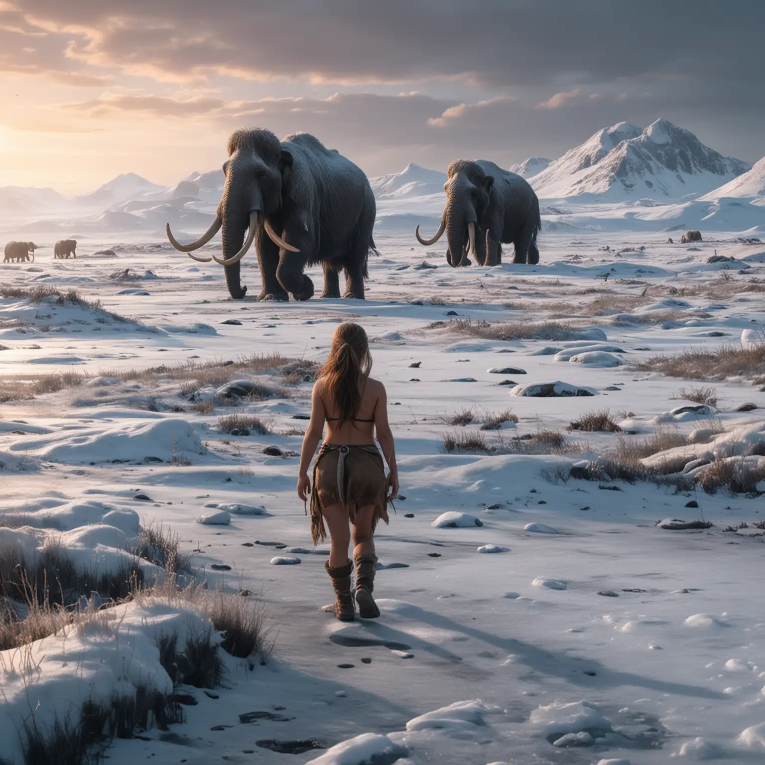 Two-Tribal-Girls-Journeying-Through-the-Icy-Tundra-with-Mammoths-in-the-Distance