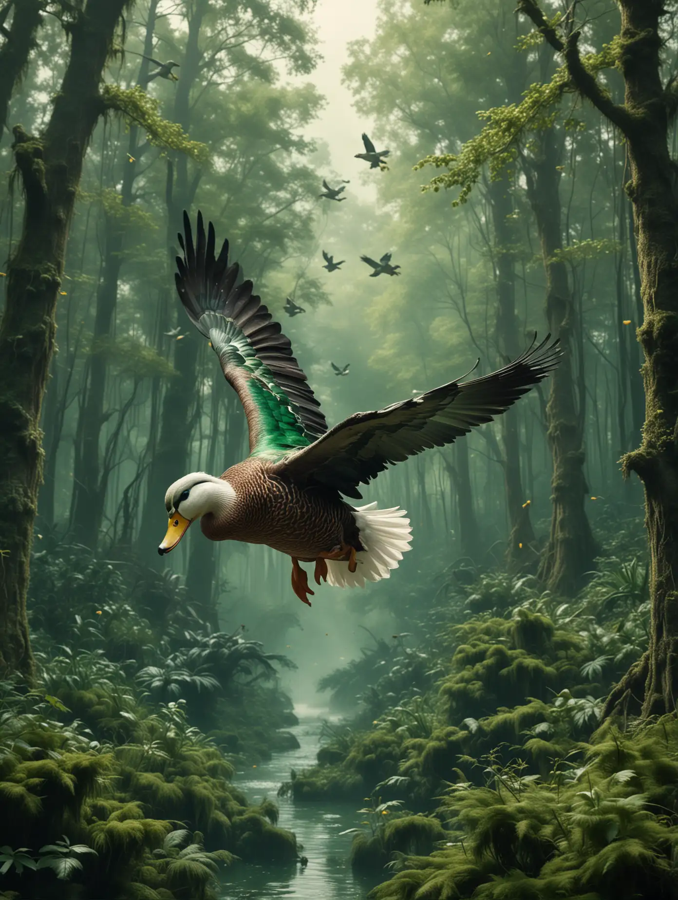 Fantasy Emperor Duck Flying over Forest in Movie Still Action Shot