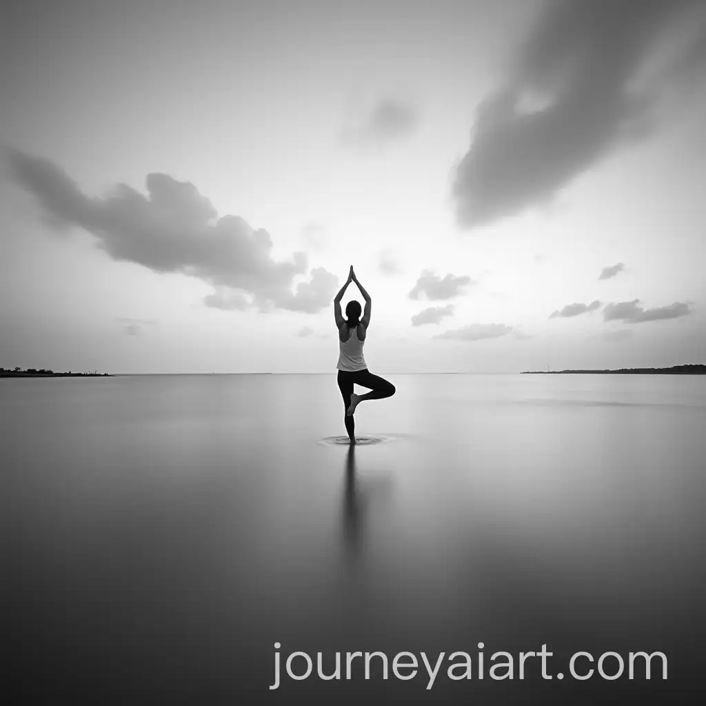 Woman-Practicing-Yoga-on-One-Foot-in-the-Sea-with-Moving-Clouds-in-Black-and-White-Long-Exposure