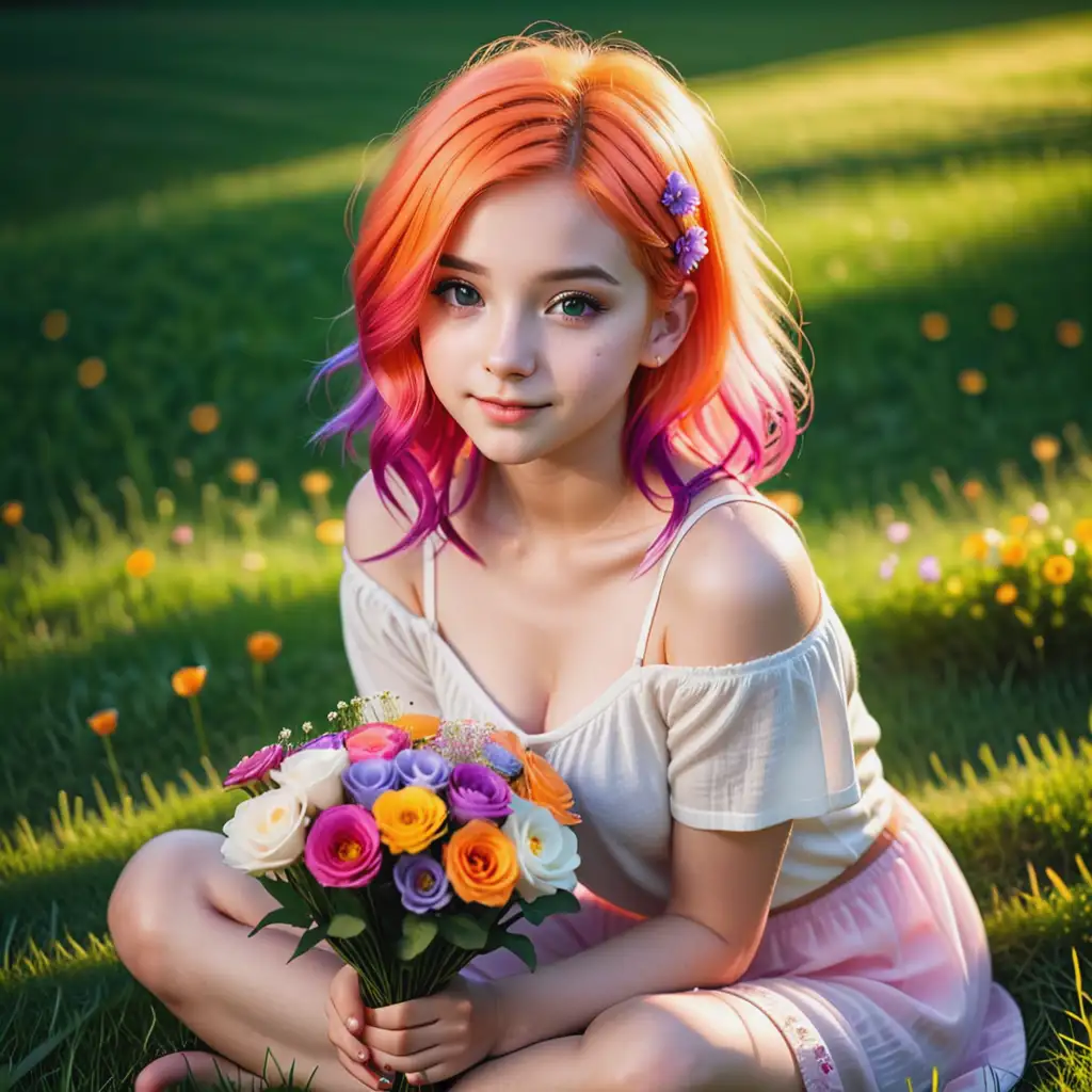 Cute girl with bright hair, sitting on grass with flowers in hand, edge lighting, studio lighting, looking at camera