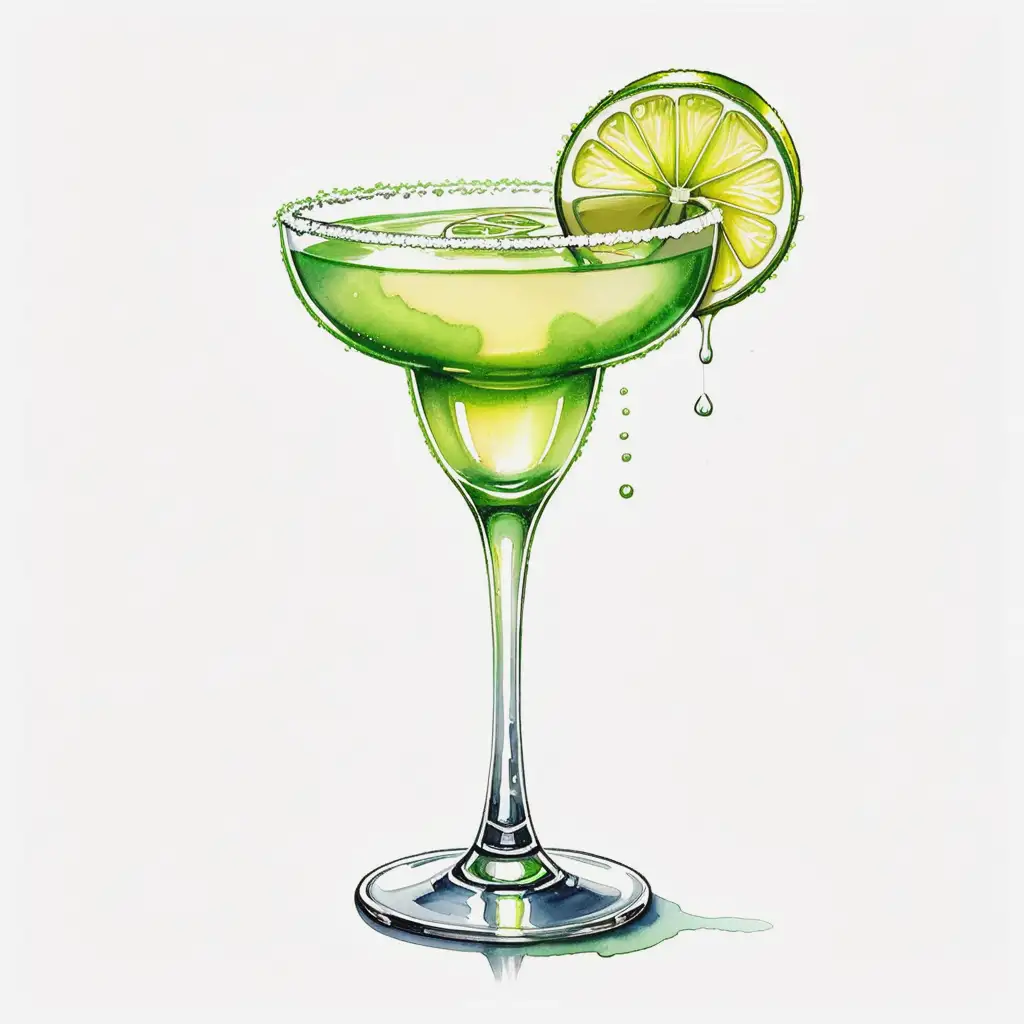 Traditional Margarita Cocktail with Ink Pen and Watercolor Illustration