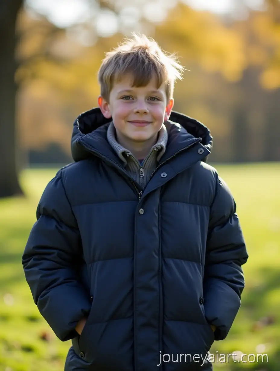 Sweaty-Young-Boy-Wearing-Puffy-Navy-Winter-Coat-in-Sunny-Summer-Park