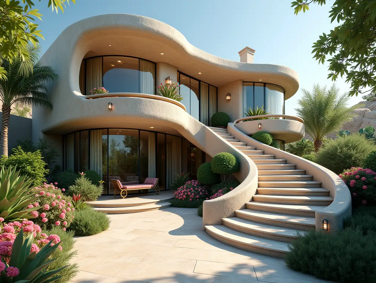 Crooked house with side line to beach garden   Plants-with stucco in the form of plant ornaments, large windows with glass closed, curved, smooth window shapes, winding large entrance stairs made of marble complex, curved roof with dike, lanterns, bench 4K resolution colorful superwide-angle recordings