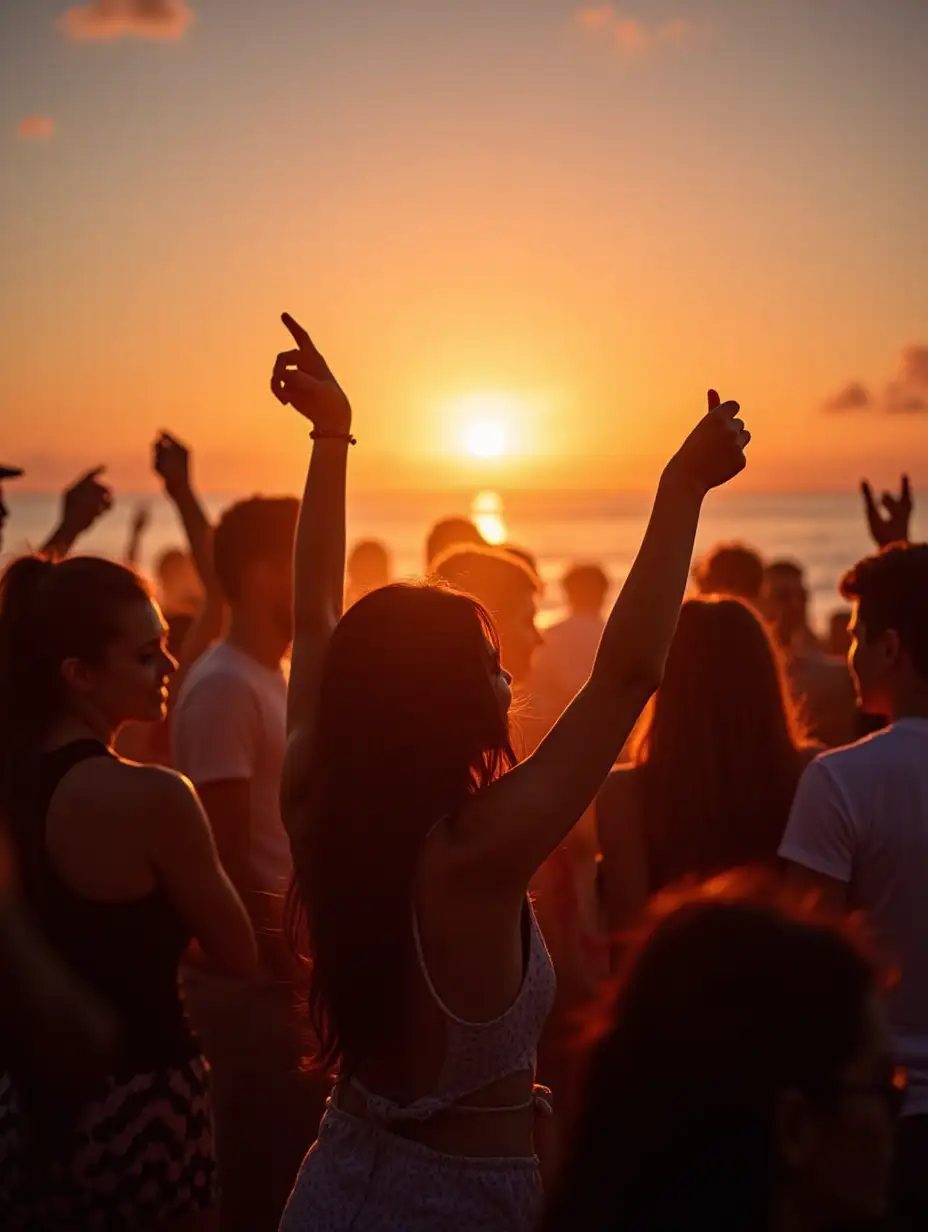 young people celebrating at sunset a party at the beach