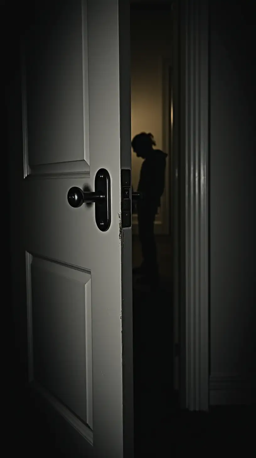 Eerie Door with Knock Marks and Shadowy Figure