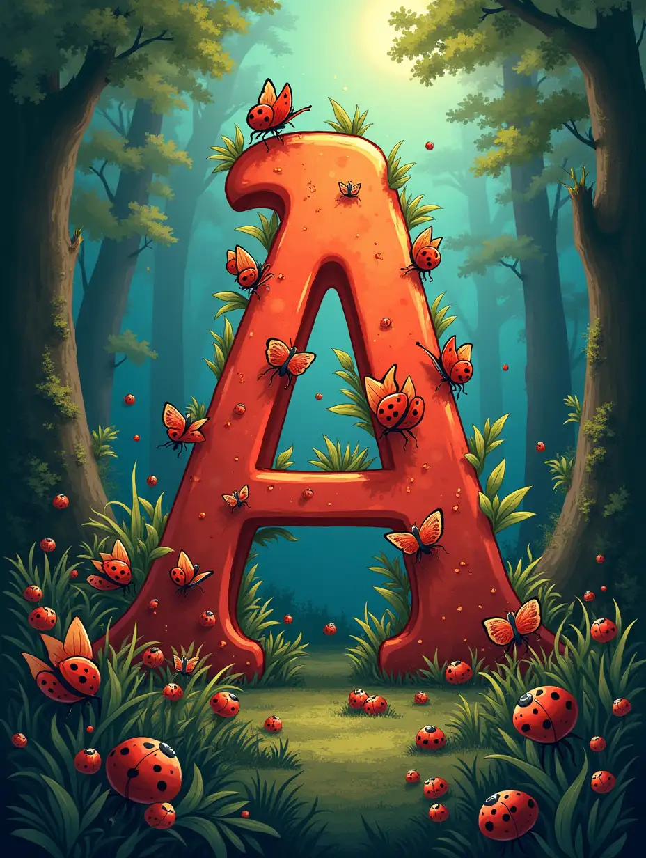 Generate an image with the letters K and the letter A as the focal point, with ladybugs, butterflies, and a wolf in the forest in the background and vibrant colors