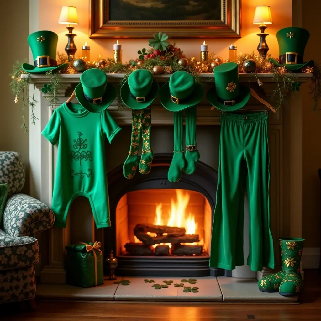 On St. Patrick's Day, in front of the fireplace in a festive house, there are St. Patrick's hats, clothes, and pants hanging, creating an atmosphere that is captured in detail, with bright and clear images,