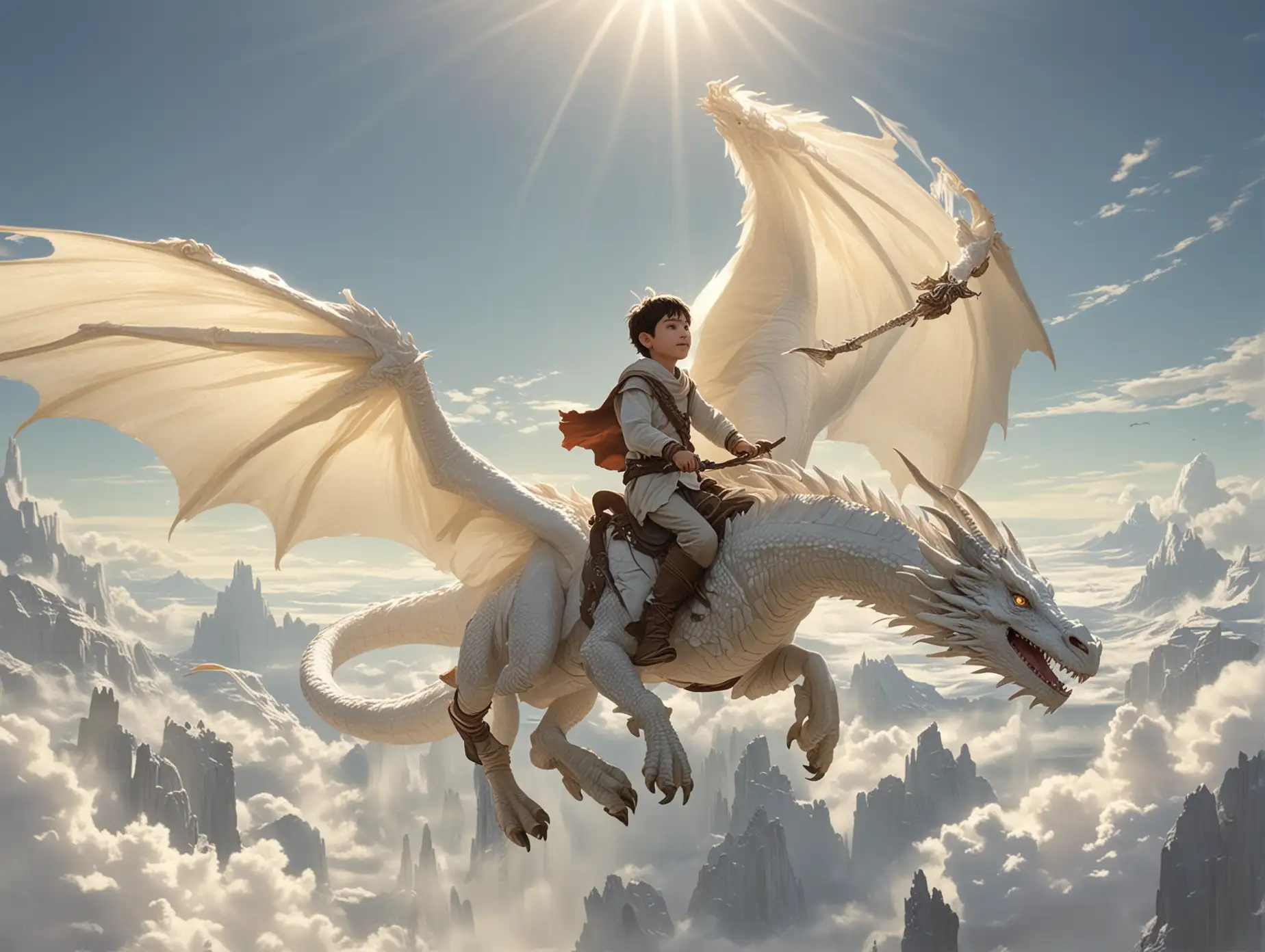 A boy is riding on a white dragon, flying toward the distance, with sunlight shining on them