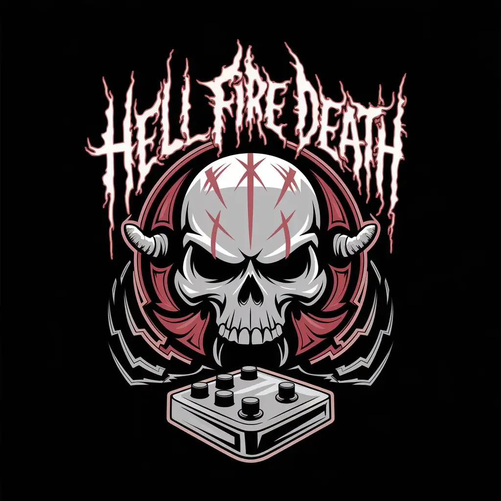 LOGO Design for Hell Fire Death Sinister Skull with Red Lines and Demonic Inscription on Black Background