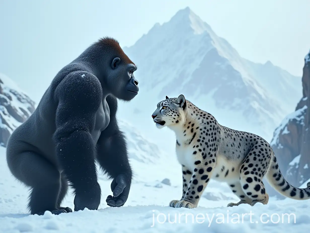 Powerful-Gorilla-and-Majestic-Snow-Leopard-in-Snowy-Mountain-Landscape