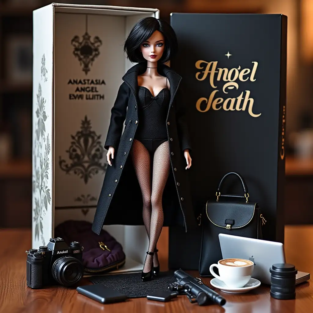 Exclusive doll with black short hair in costume, on the box inscription Anastasia-Angel of your death, accessories- a bag, camera, phone, laptop, coffee cup, pistol