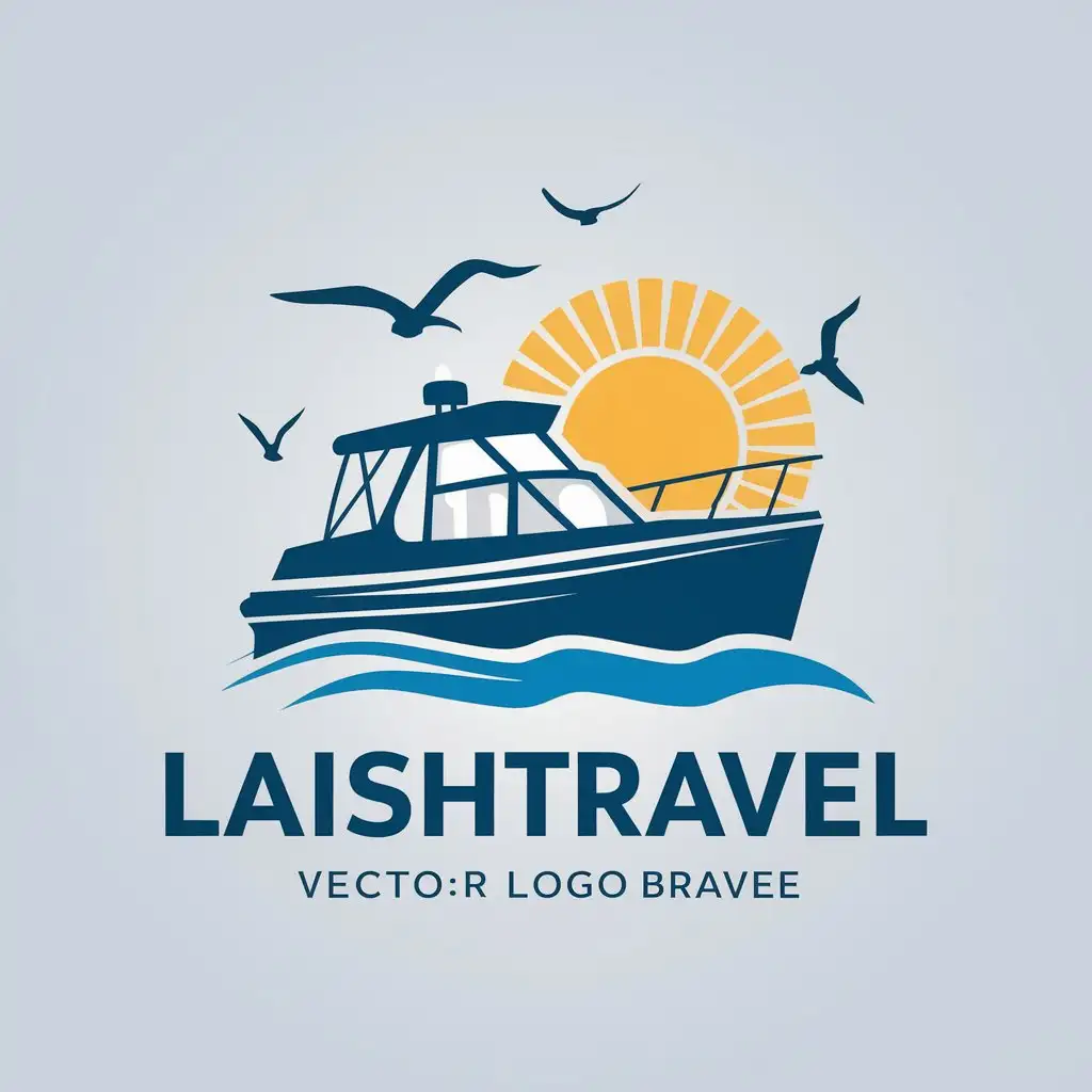 a vector logo design,with the text "LaishTravel", main symbol:Motorboat, water, sun, seagulls,Moderate,clear background