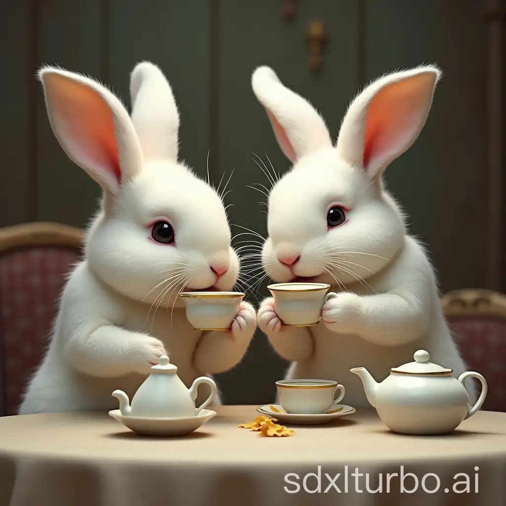 Charming-White-Rabbits-in-Human-Attire-Enjoying-Tea