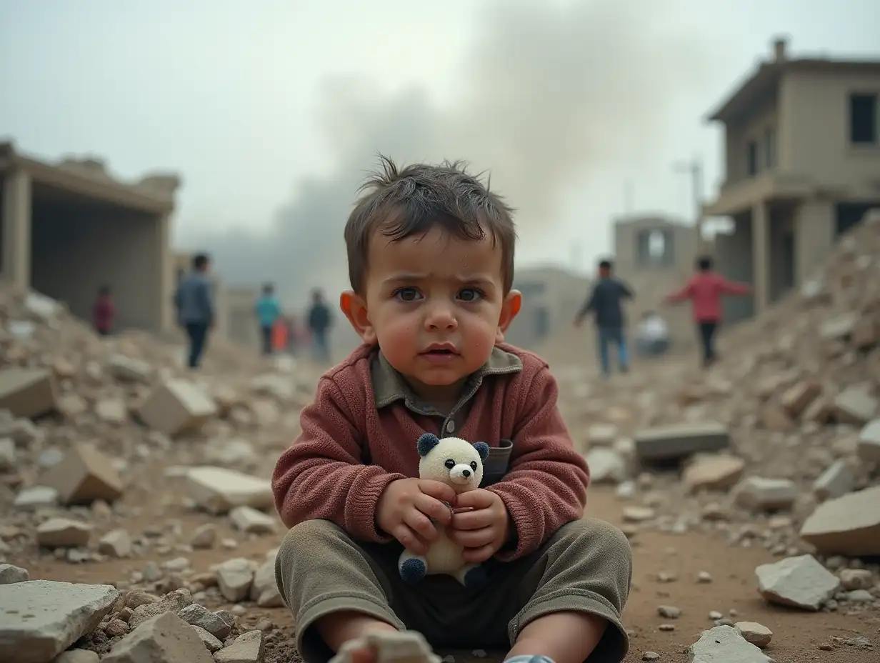 A heart-wrenching scene of a young Palestinian child sitting amidst the rubble of their destroyed home, holding a small toy. Tears streak down their dusty face as the sky above is overcast, filled with the smoke of conflict. In the background, distant cries and chaotic movements suggest ongoing turmoil.