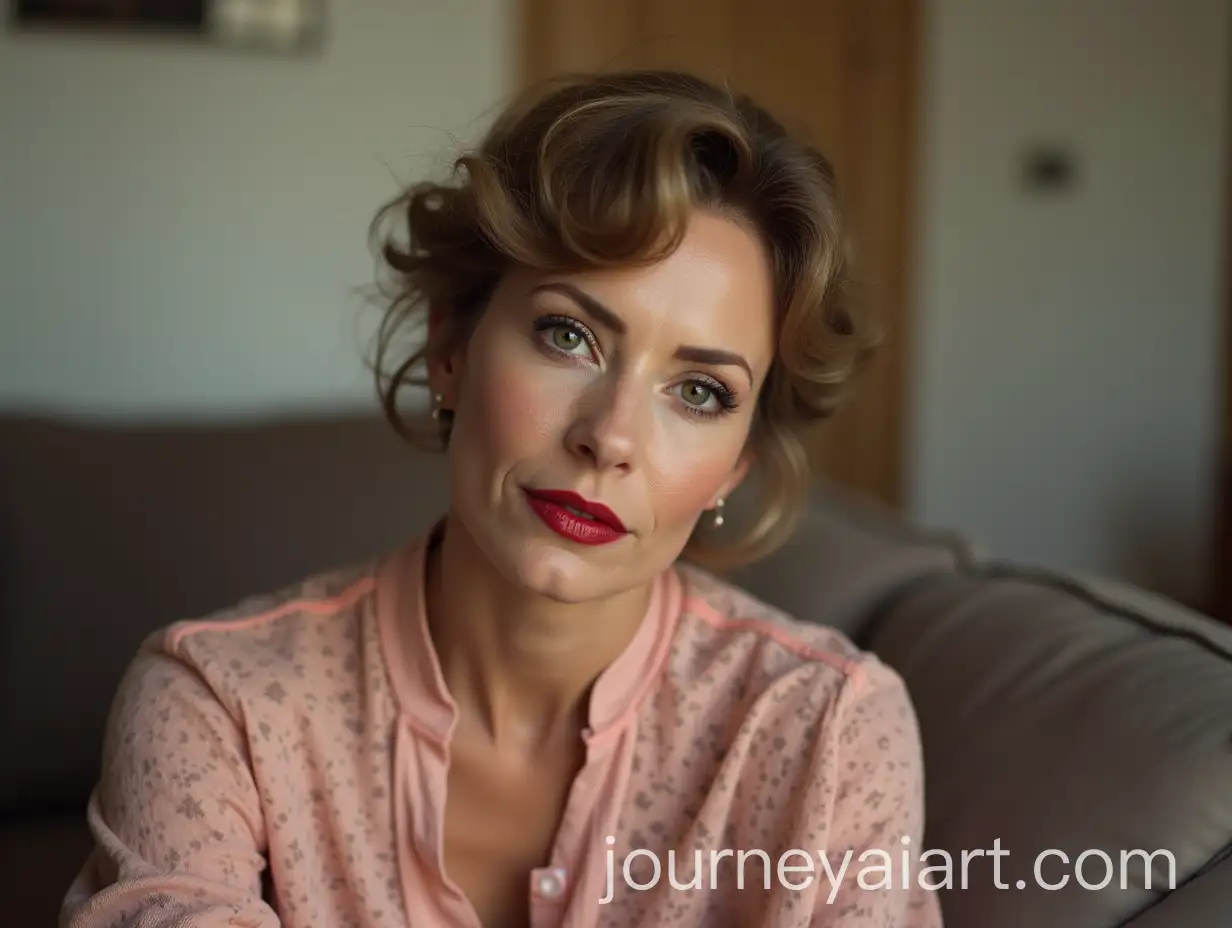 Elegant-50YearOld-Woman-in-Pink-Lace-Blouse-Sitting-on-Couch