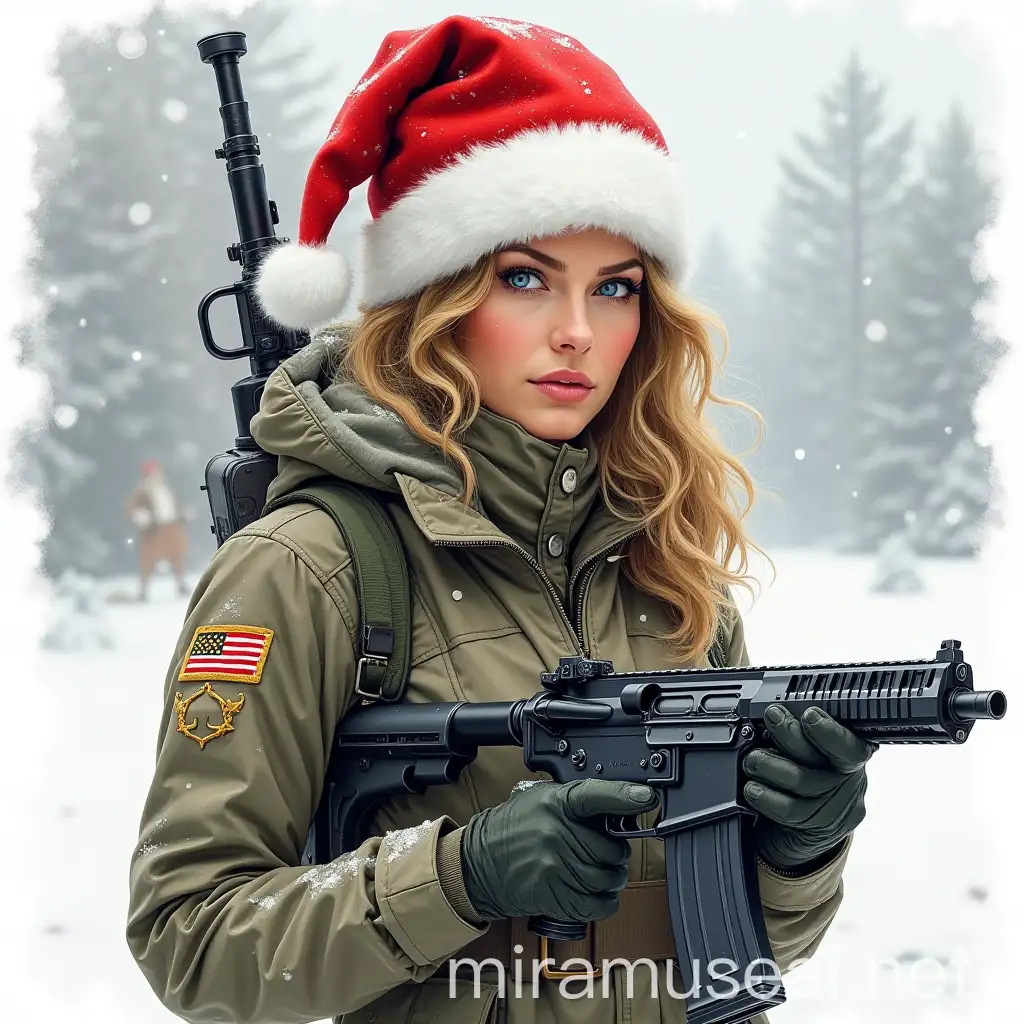 Military Woman in Santas Hat with Pistol in Snowy Winter Scene