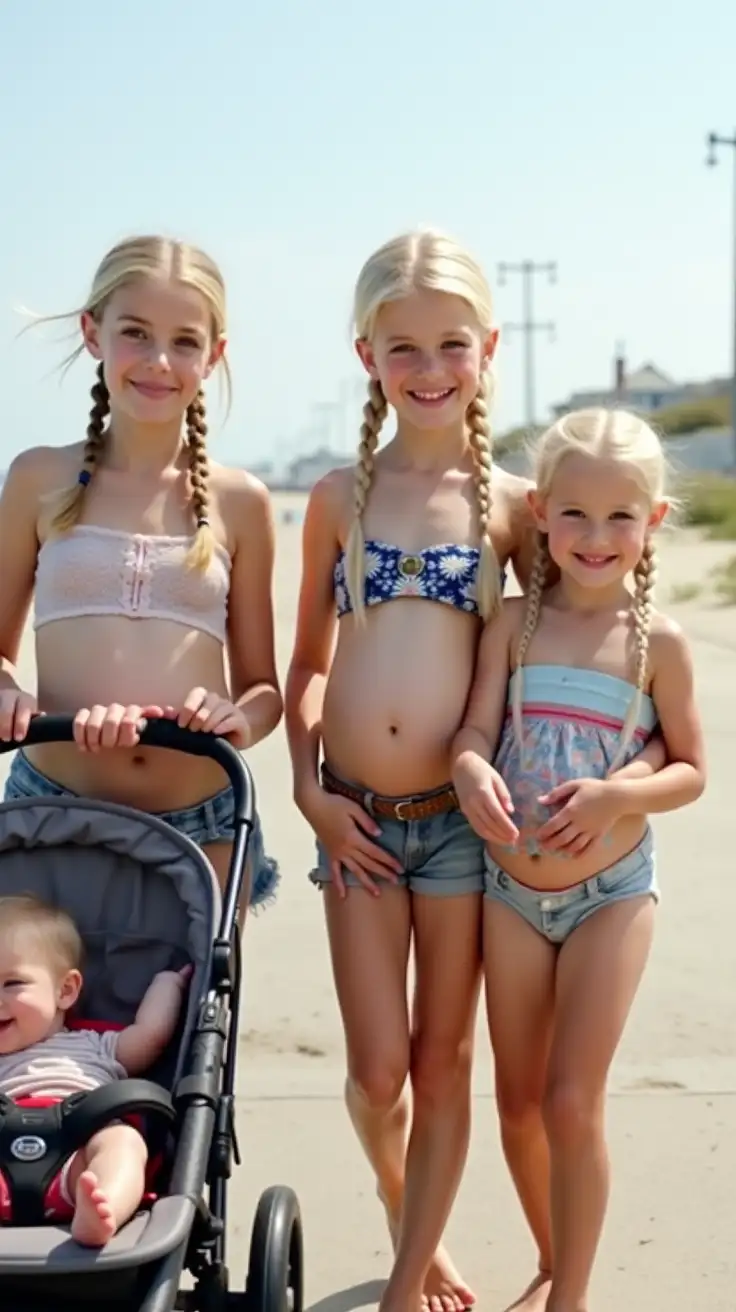 Three-Petite-Young-Girls-with-Platinum-Blond-Braids-and-Daisy-Dukes-on-a-Boardwalk-Holding-a-Toddler