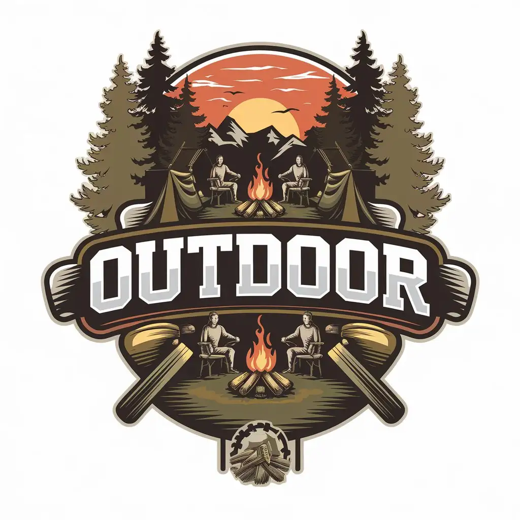 a vector logo design,with the text "OUTDOOR", main symbol:Woods, campfires, camping, campers sitting around campfires, sunset, distant mountains,,complex,be used in Sports Fitness industry,clear background