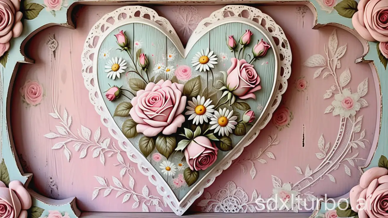 Shabby-Chic-Painted-Wooden-Heart-with-Floral-Design-and-Antique-Finish