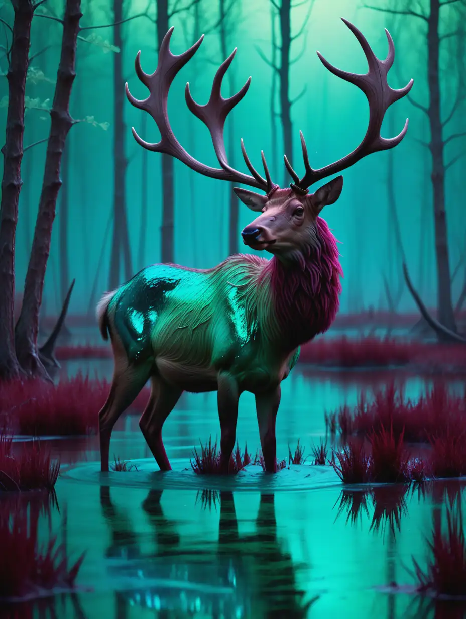 Fantasy World Movie Still Shimmery Elk in Maroon Swamp