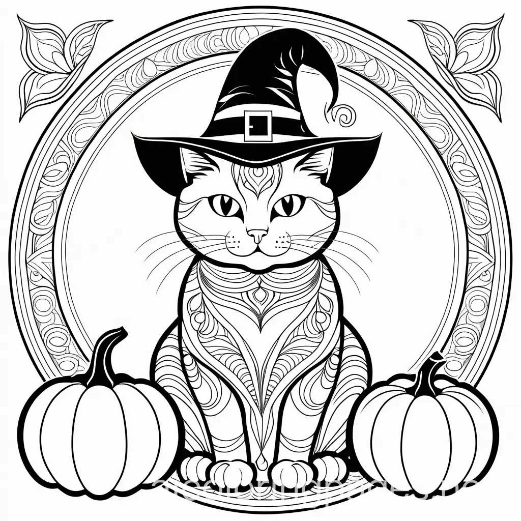 Halloween-Cat-with-Witchs-Hat-and-Mandala-Pumpkin-Coloring-Page