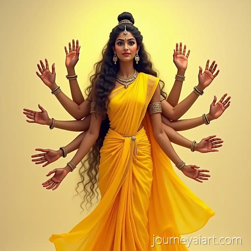 Goddess-Gayatri-in-Yellow-Saree-with-Five-Faces-and-Ten-Hands-on-Transparent-Background