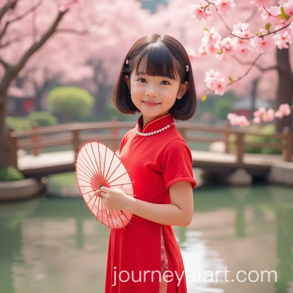 Adorable-Asian-Woman-in-Vibrant-Red-Qipao-Surrounded-by-Sakura-Blossoms