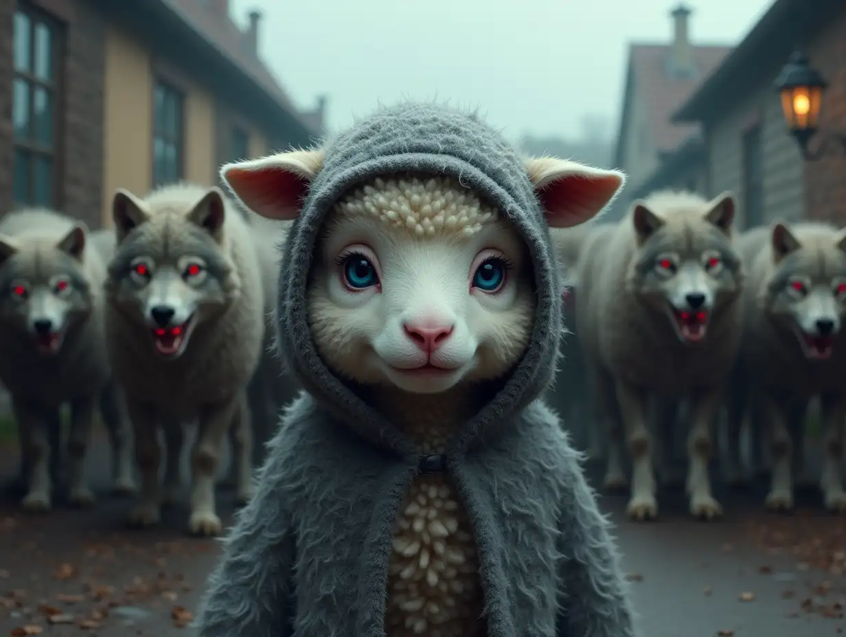 Background - a village street. A cute blue-eyed sheep is standing with a frightened expression on its muzzle. Wearing a gray hooded cloak (with wolf ears on the hood), looking like a gray wolf pelt, covered in thick wolf fur. The hood almost covers the sheep's face. A crowd of terrifying wolves surrounds the sheep, with bloodstained bared teeth, glowing red eyes, dirty grey fur. The sheep doesn't stand out from the crowd. Nice picture.