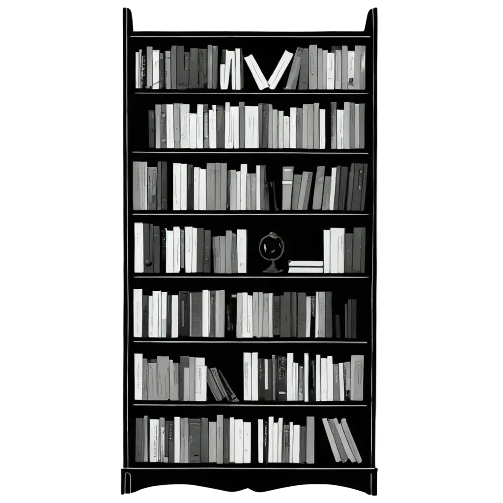 Black-and-White-Bookshelf-with-200-Books-and-Accessories-PNG-Image