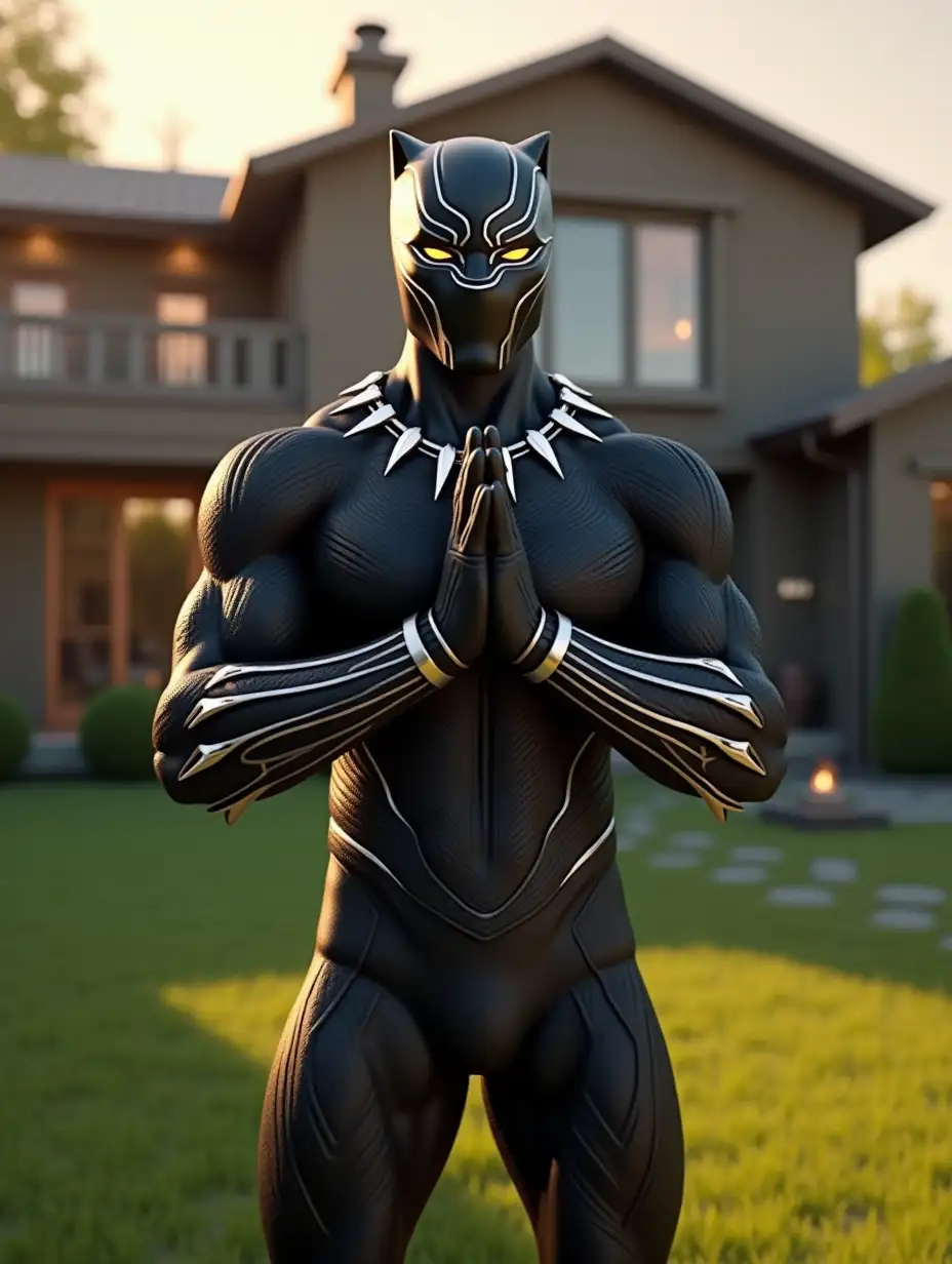 A hyper-realistic 3D render of Black Panther, the powerful superhero, standing in front of a luxurious suburban mansion. He is in a respectful 'Namaste' pose with his hands pressed together, showcasing his vibranium suit with intricate silver detailing and sharp, metallic claws. His muscular physique is emphasized by the tight, textured black suit with tribal patterns and glowing silver accents. The background features a well-manicured green lawn, warm golden lighting, and a detailed modern house with large windows reflecting the sunlight. The image has ultra-detailed textures, realistic lighting, and cinematic depth of field. 4K ultra-HD resolution, realistic shadows, and fine reflections enhance the immersive effect.