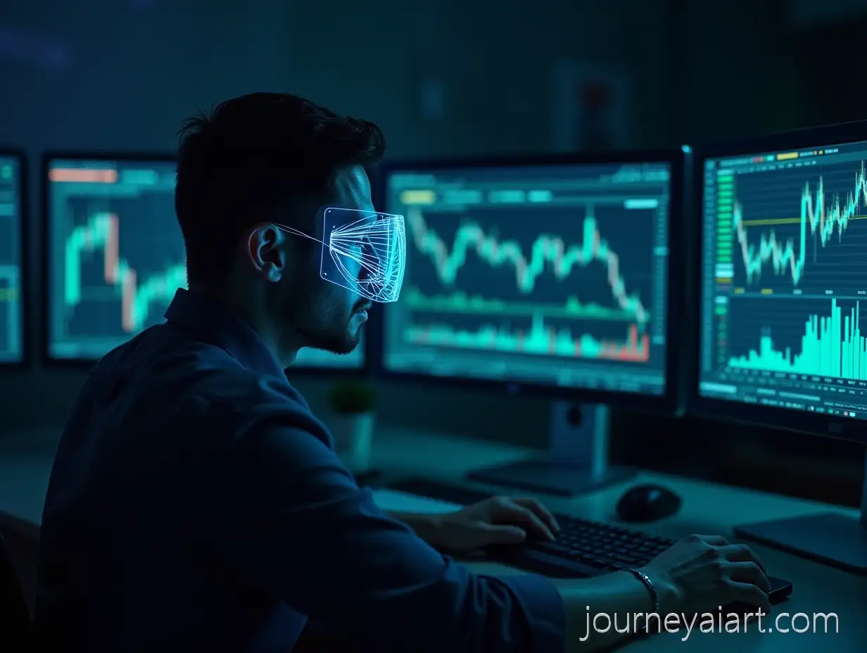 Realistic-Trader-Analyzing-Cluster-Trading-Charts-in-Futuristic-DigitalTrader-with-Digital-Mask-Mask