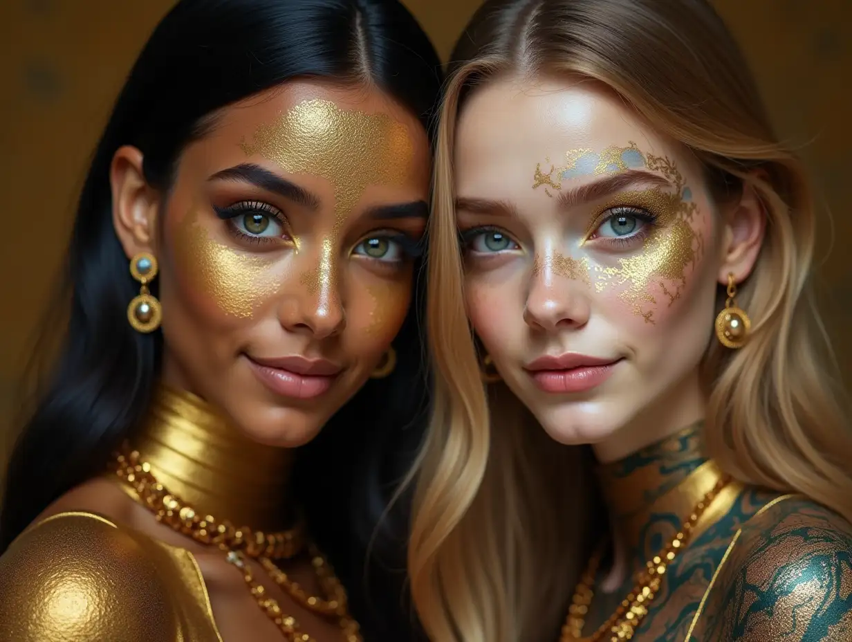 Two young black and white patternnGirls with Alien face,withngolden hair, with a lightnsmile on her face,emphasizesher smile, modern retronjewelry,in a temple much Goldndifferent shades 4k