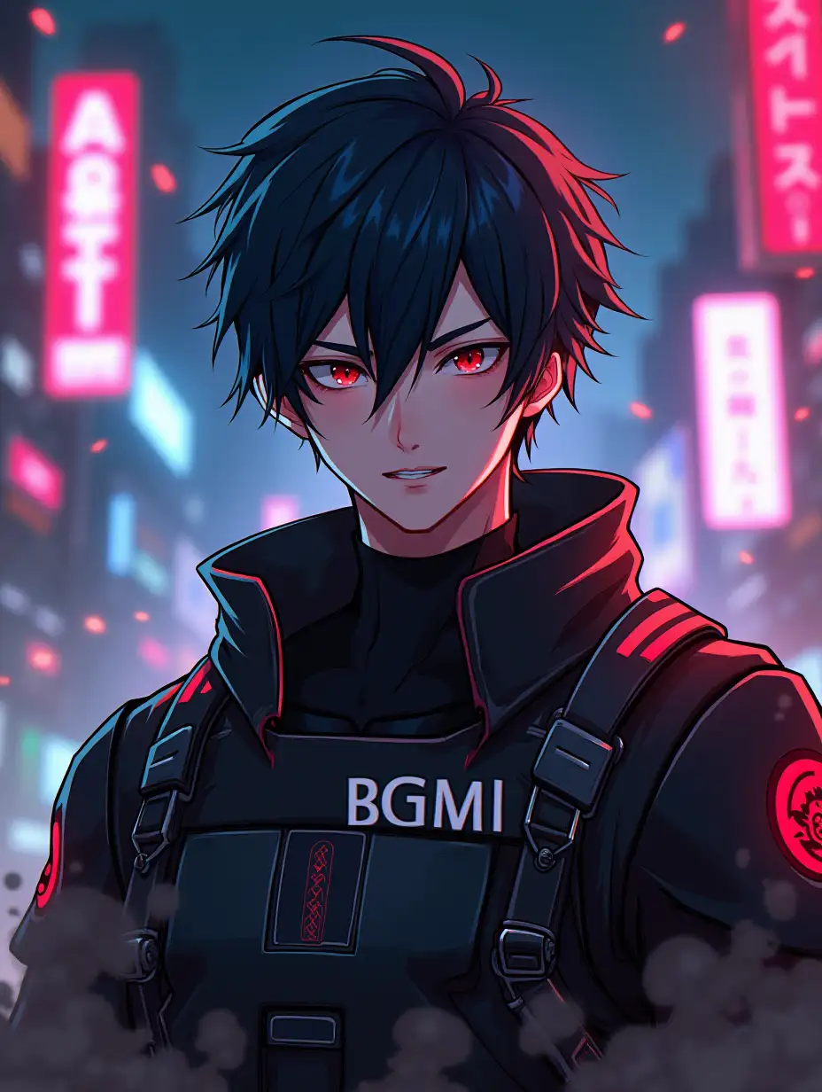 Create a hyper-realistic anime-style illustration of a male character with sharp, expressive eyes and detailed facial features. He should have a strong, chiseled jawline and slightly messy, windswept hair in a dark shade (e.g., black or deep blue) with subtle highlights. His outfit should be futuristic yet stylish, featuring intricate armor or tactical gear with glowing neon accents in red and black. The character's expression should exude confidence and determination, with a slight smirk or intense gaze. The background should be a dynamic cyberpunk cityscape with neon lights, smoke, and sparks, adding a sense of action and mystery. The text 'KillZoneBGMI' should be integrated into the design with a bold, futuristic font, featuring metallic textures and glowing effects that match the overall theme. Ensure the logo is visually striking with cinematic lighting and high detail.