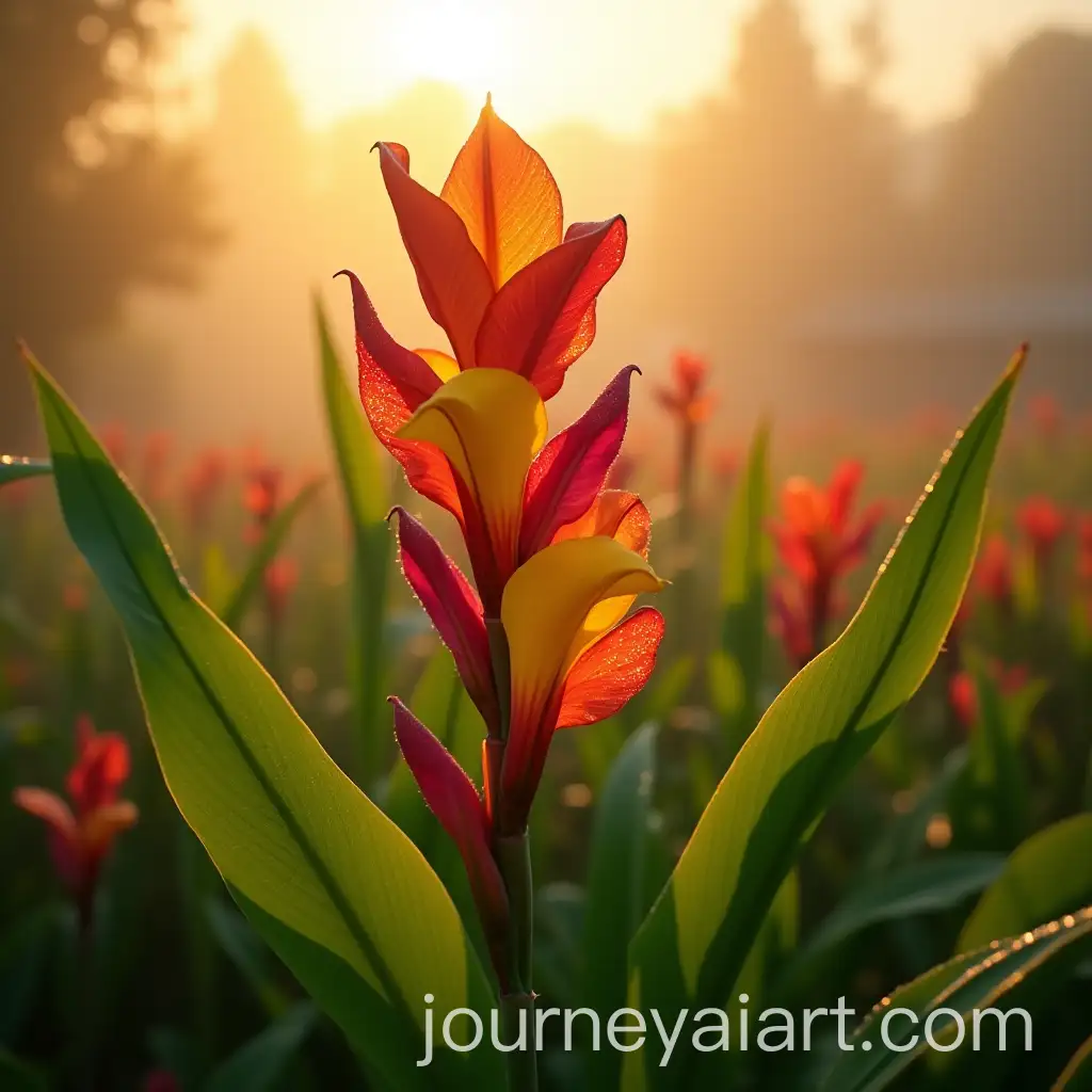 Vibrant-Canna-Lily-Plant-in-Sunrise-Garden-with-Dewy-Blossoms