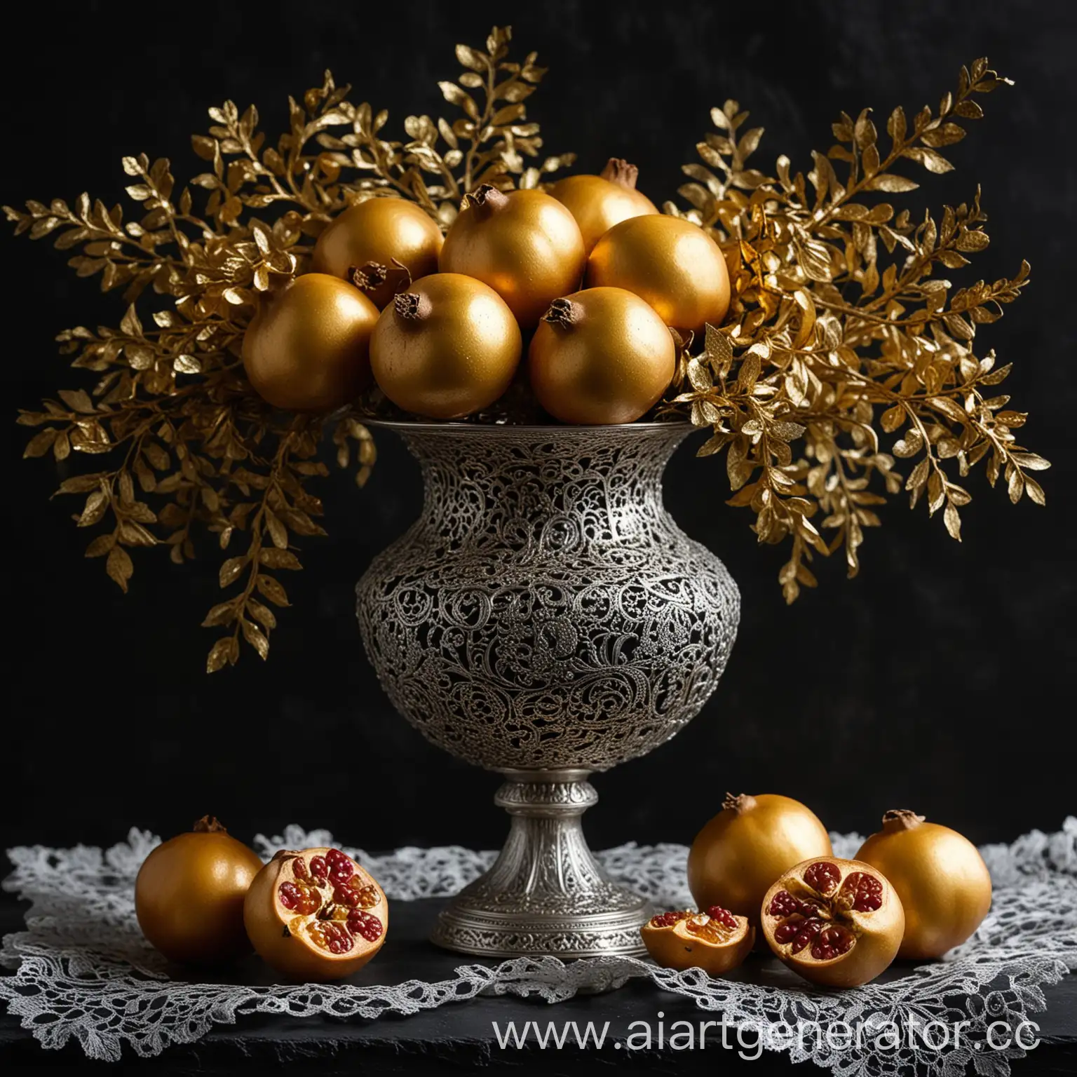 Golden-Pomegranates-in-Lacy-Silver-Vase-on-Dark-Background