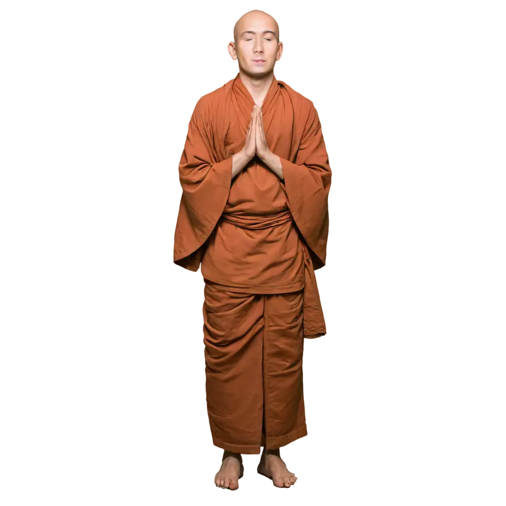 A buddhist monk standing with both his hands joined facing straight