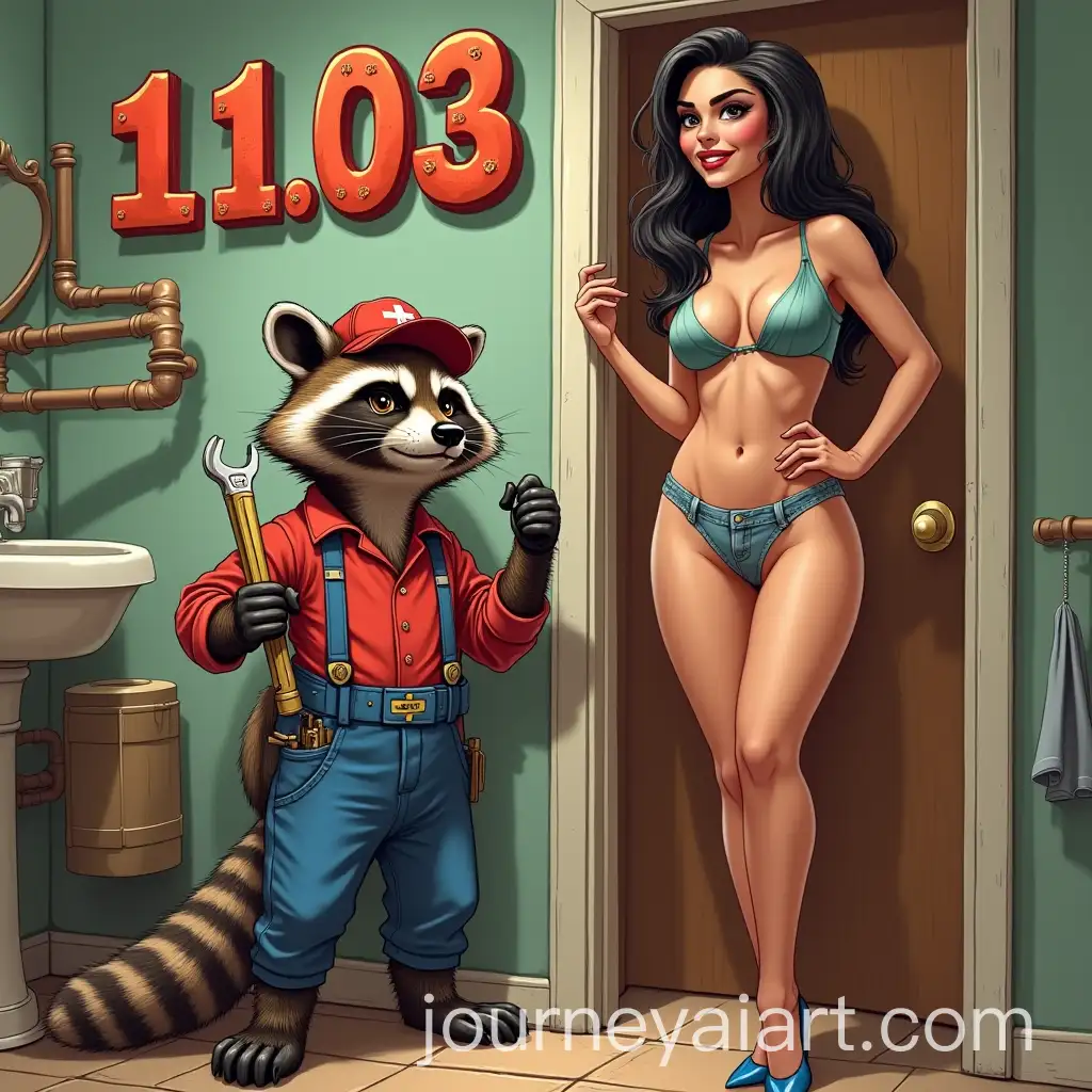 Mischievous-Raccoon-Plumber-and-Flirtatious-Woman-in-Retro-PinUp-Bathroom-Scene