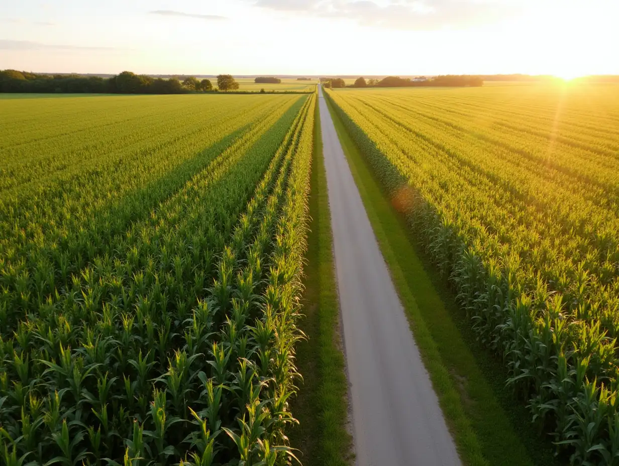 Aerial of Rural road through Corn Field summer agriculture landscape