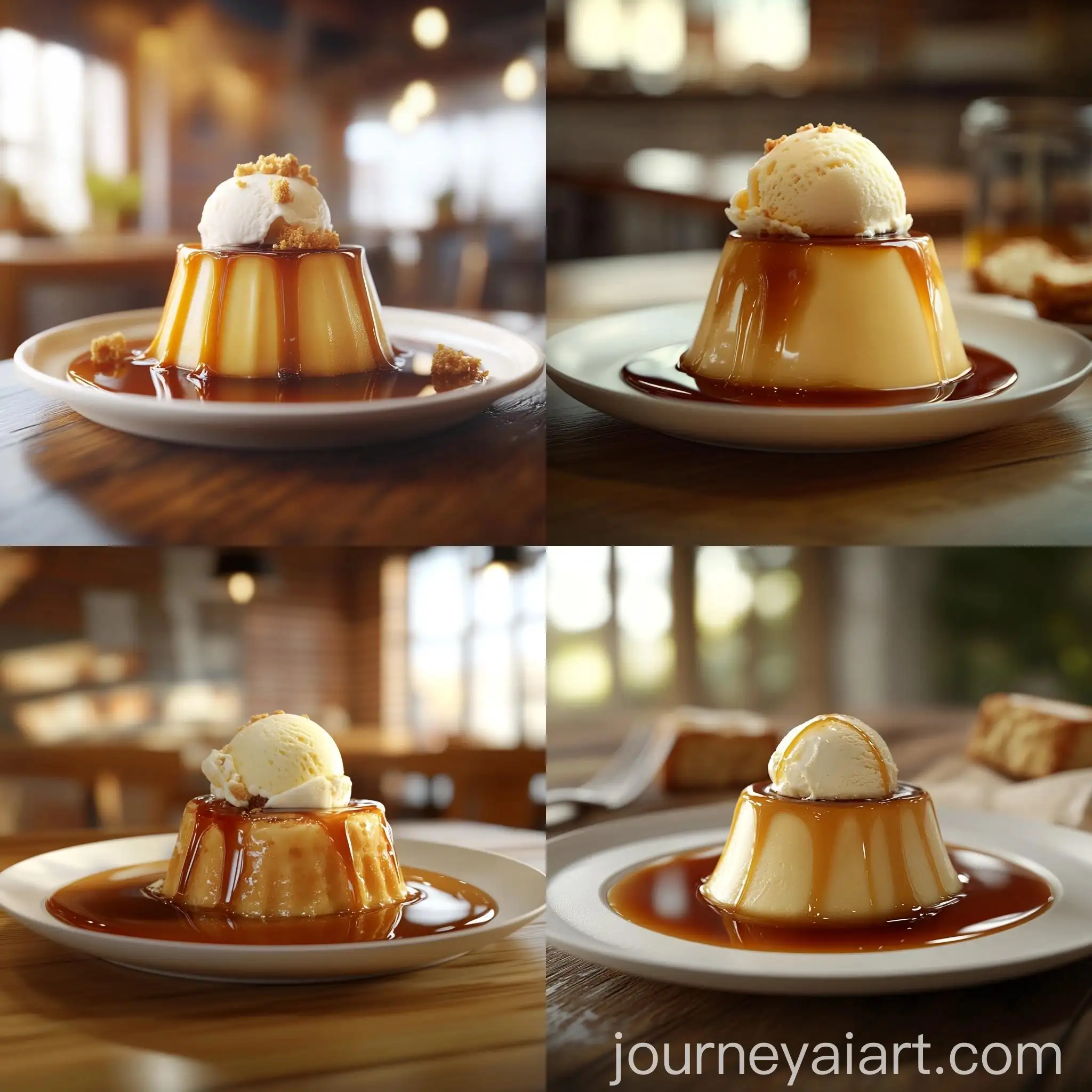 Hyper-Realistic-Caramel-Custard-Pudding-with-Vanilla-Ice-Cream-on-Wooden-Table