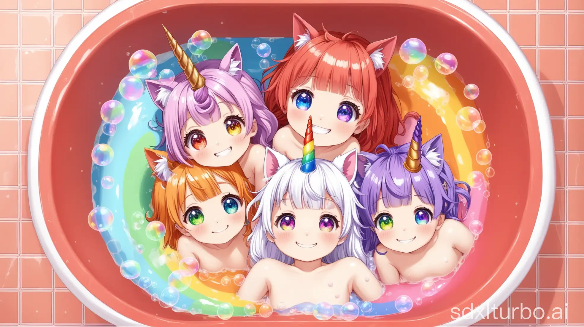 Adorable-Little-Girls-in-Rainbow-Unicorn-and-Cat-Ears-in-Preschool-Bathtub-with-Soap-Bubbles